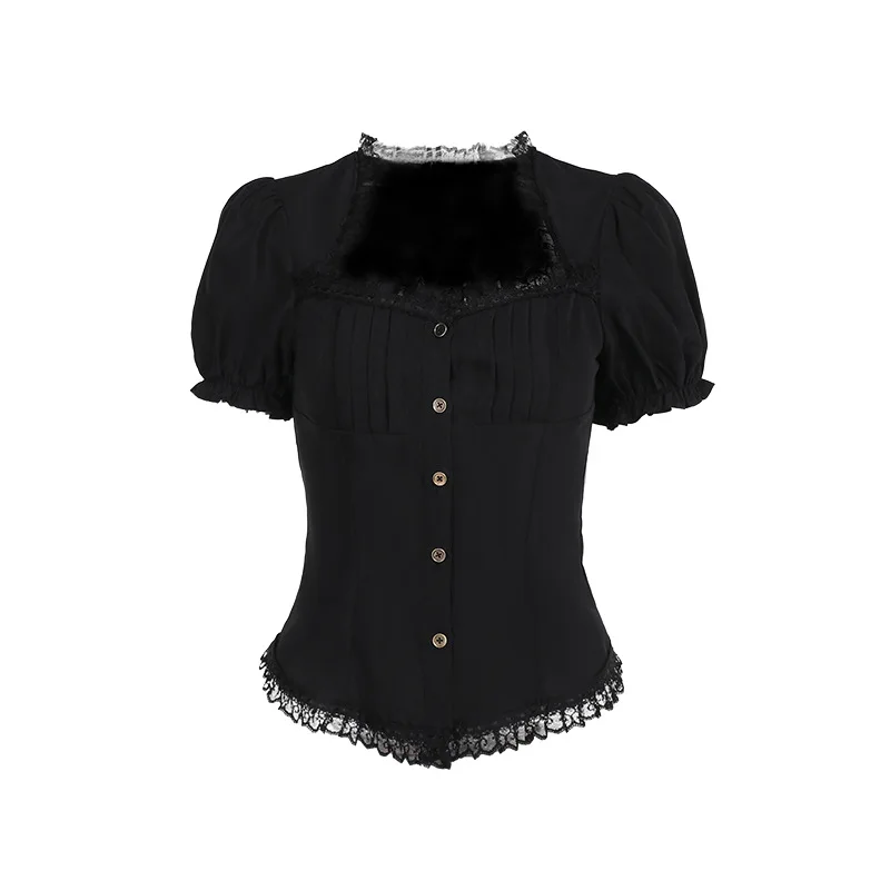 2024 New Arrival Lolita Style Vintage Black Double-layered Shirt for Women Summer