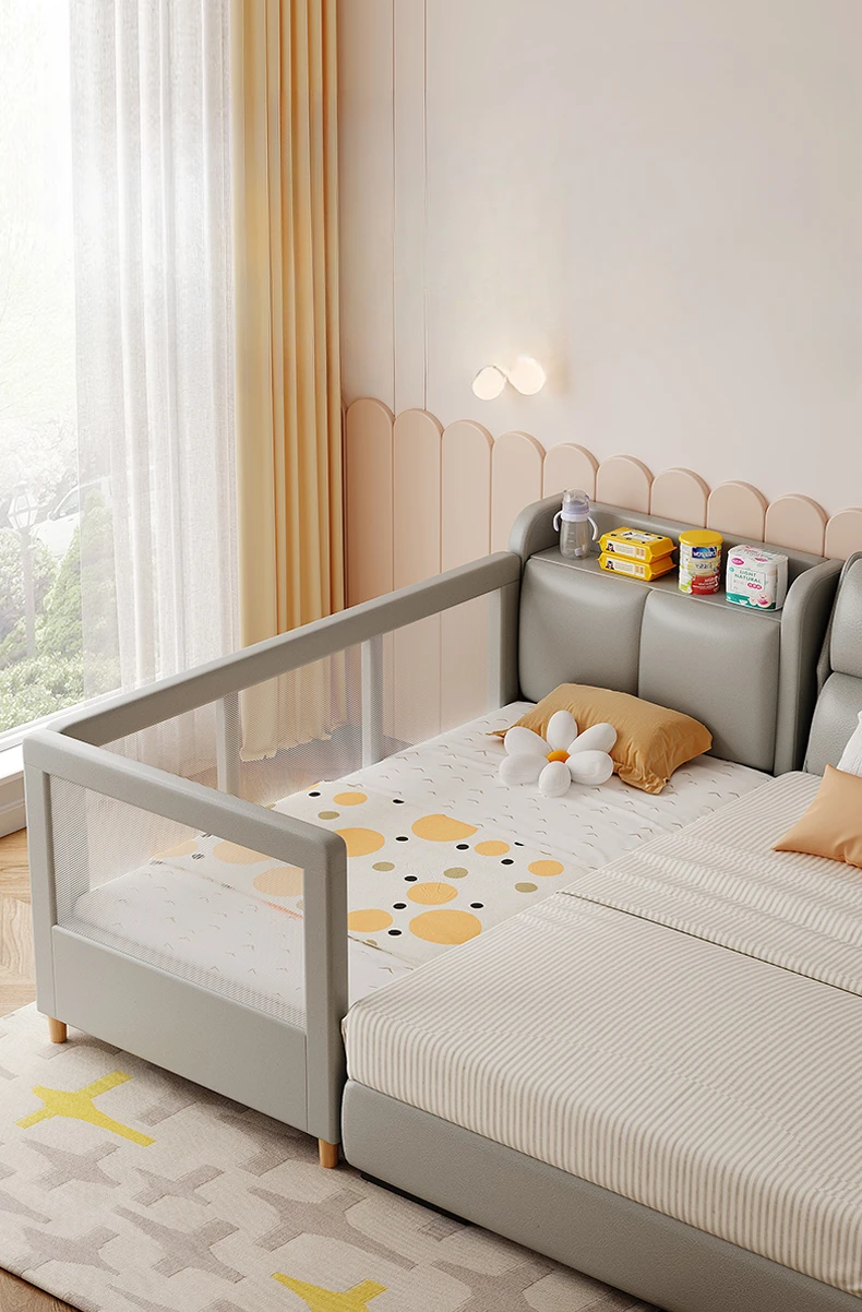 Children's splicing bed with widened storage and guardrail, baby bedside