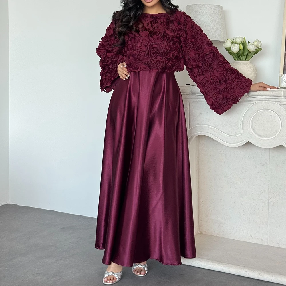 

Women's A-line Evening Dresses Ankle-length O-neck Full Sleeve Prom Gown Fashion Flowers Simple Draped Casual Customized Gowns