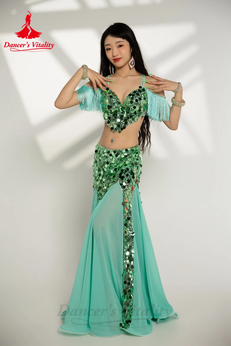 Belly Dance Performance Costumes for Women Big Sequins Bra Top+long Skirt 2pcs Oriental Belly Dance Competiton Weat Clothing