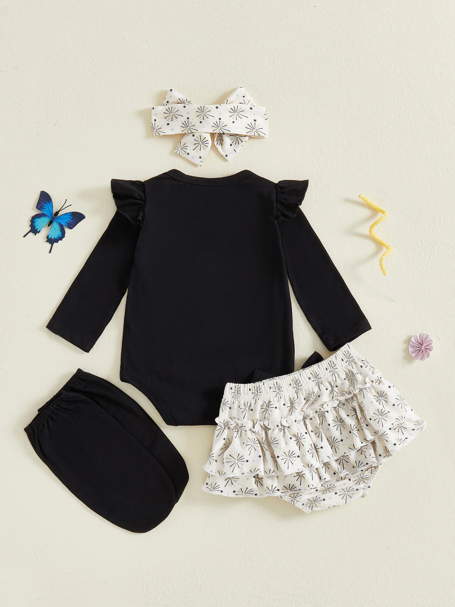 

Baby Boy New Year Outfits Letter Long Sleeve Round Neck Romper Shorts Bow Tie Headband Long Socks and Shoes