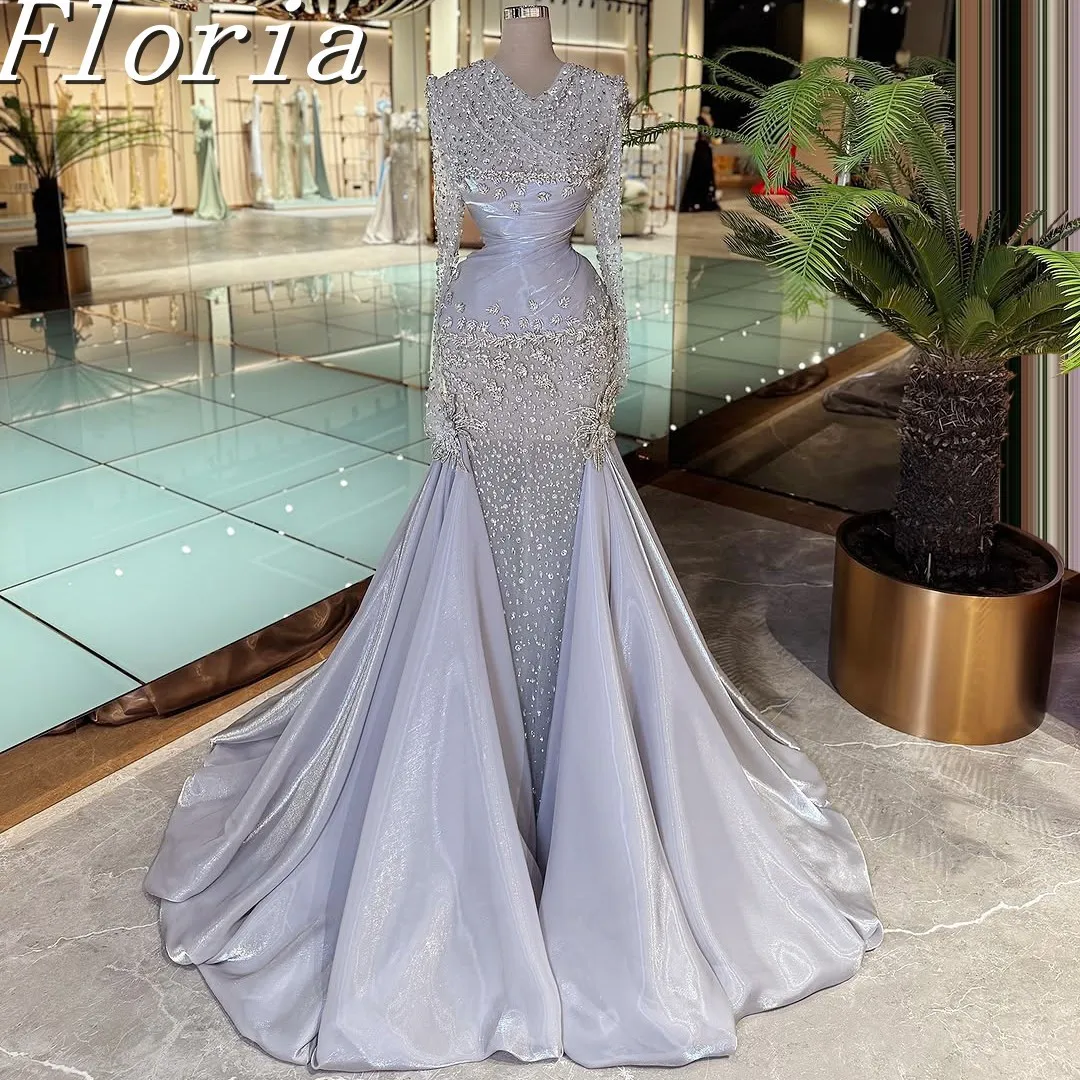 

Light Purple Mermaid Wedding Party Gown with Long Sleeves Beaded Evening Cocktail Dress for Muslim Customized Vestidos De Gala
