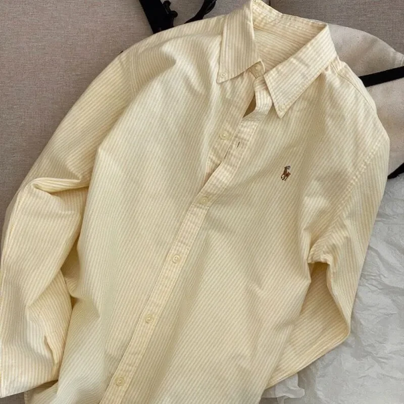 

Women's Striped Shirt Yellow Casual Loose Blouse Long Sleeve Button Down Top Spring Autumn Outerwear