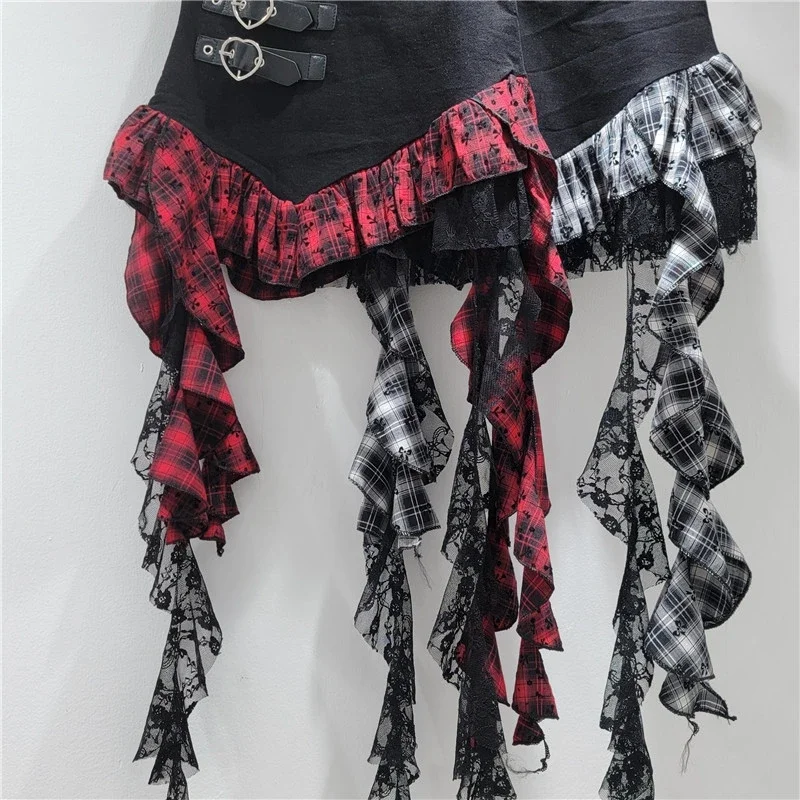 2025 Spring New Korean Version Fashion Irregular Plaid Streamer Ruffle Edge Tutu Skirt Black Mini Skirt Women Skirt