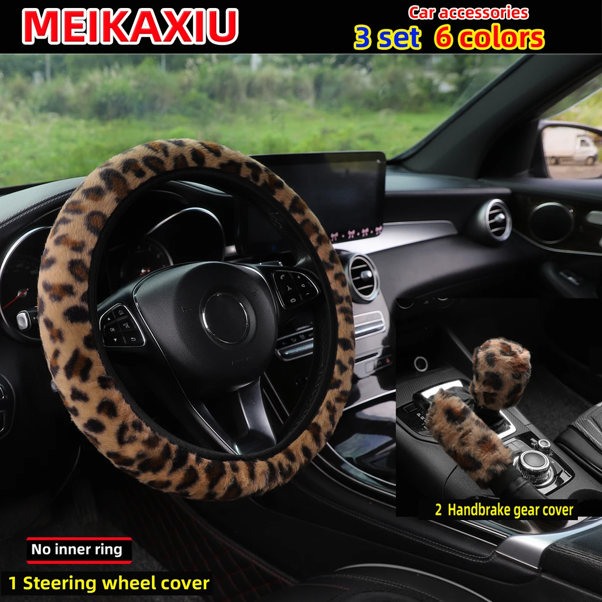3-teiliges Set aus weichen, leopardenmusternden Lenkradbezügen ohne Felgen, Handbremsenabdeckung und Schalthebelabdeckung, Auto-Dekoration für Frauen – Detail 6