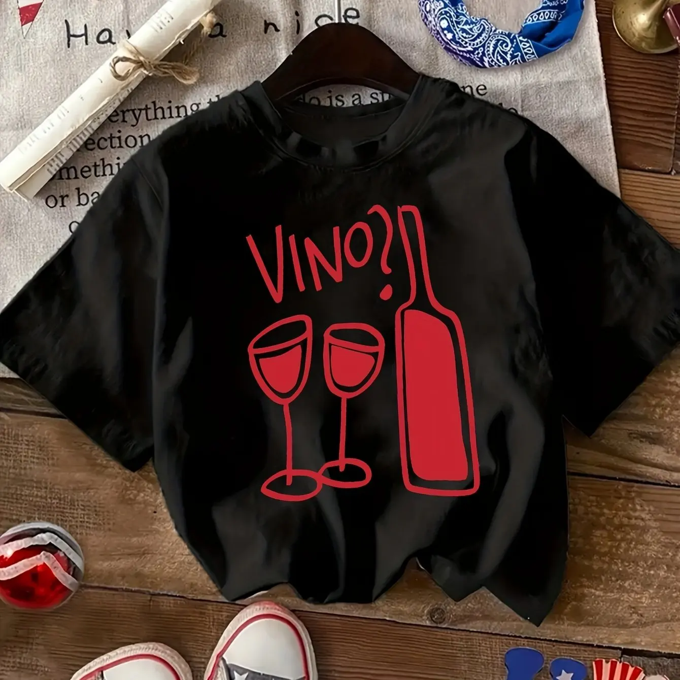 Camiseta casual con cuello redondo para hombre y mujer con "Vino?!" Top de manga corta de tela de poliéster suave con diseño gráfico de copa de vino tinto estampado