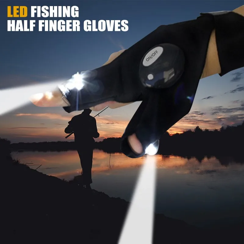 Fingerless Glove With LED Flashlight Outdoor Fishing Night Light Camping Hiking Lighting Gloves Waterproof Fishing Gloves Set