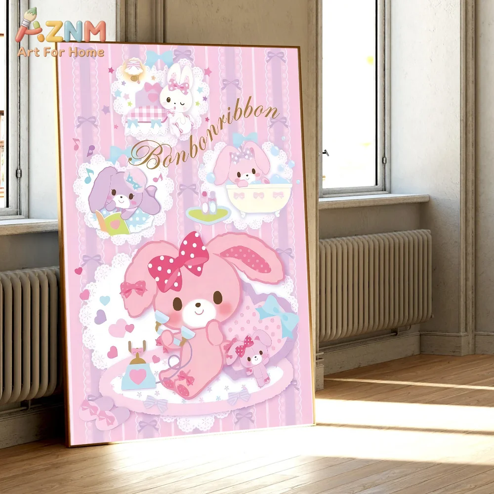 AZNM Sugarbunnies Bonbonribbon Pink Cute Rabbit Cartoon Canvas Wall Art Unframed Girls Room Decor Poster