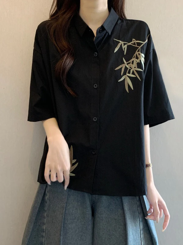 

Elegant Bamboo Embroidery Short Sleeve Black Shirt Women's Summer New plus Size Fat MM Belly Covering Top Korean Style Loose Fit