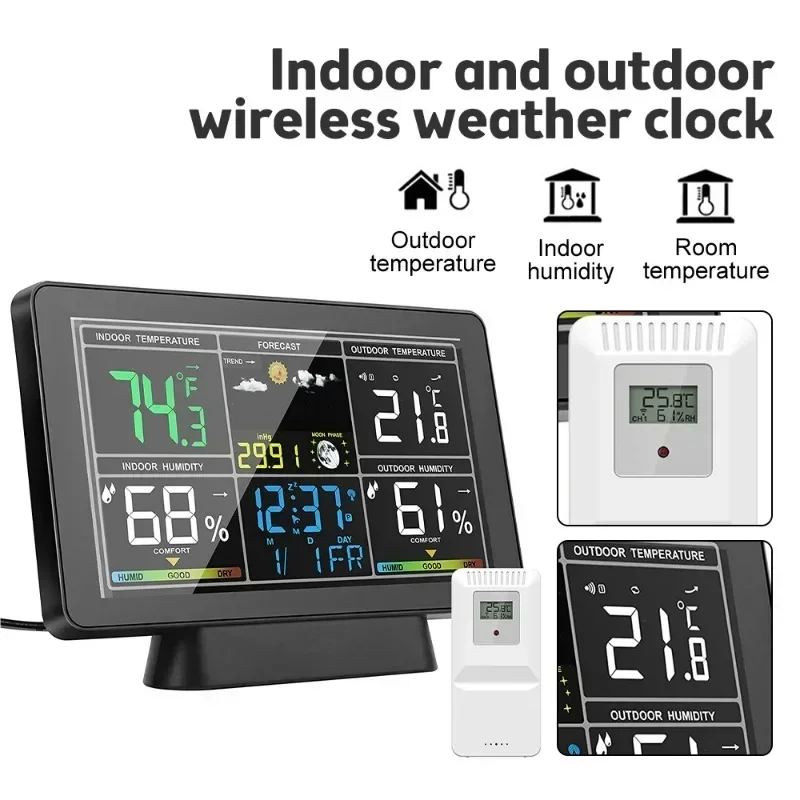 5065 Weather Station 7.5 Inch Color Screen Weather Forecast Electronic Alarm Clock with Lunar Phase Indoor Outdoor Thermometer
