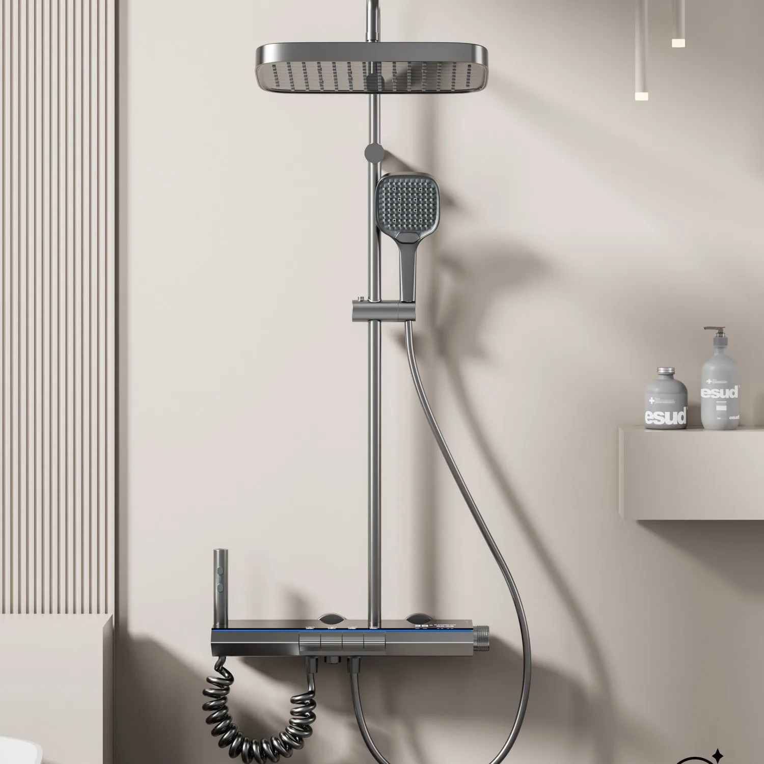 Kosmiczny aluminiowy wyświetlacz cyfrowy prysznic termostatyczny zestaw kranów, przycisk fortepianu z oświetlenie otoczenia krany łazienkowe głowicą