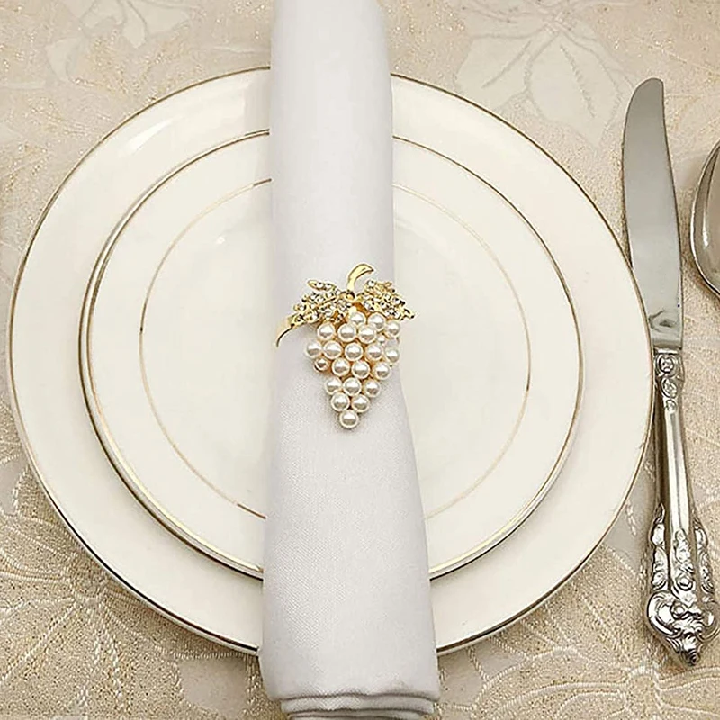 12pçs anéis de guardanapo de pérola, formato de uva dourada, fivela de guardanapo, suporte de guardanapo, festa de casamento, decoração de mesa, fivelas de guardanapo
