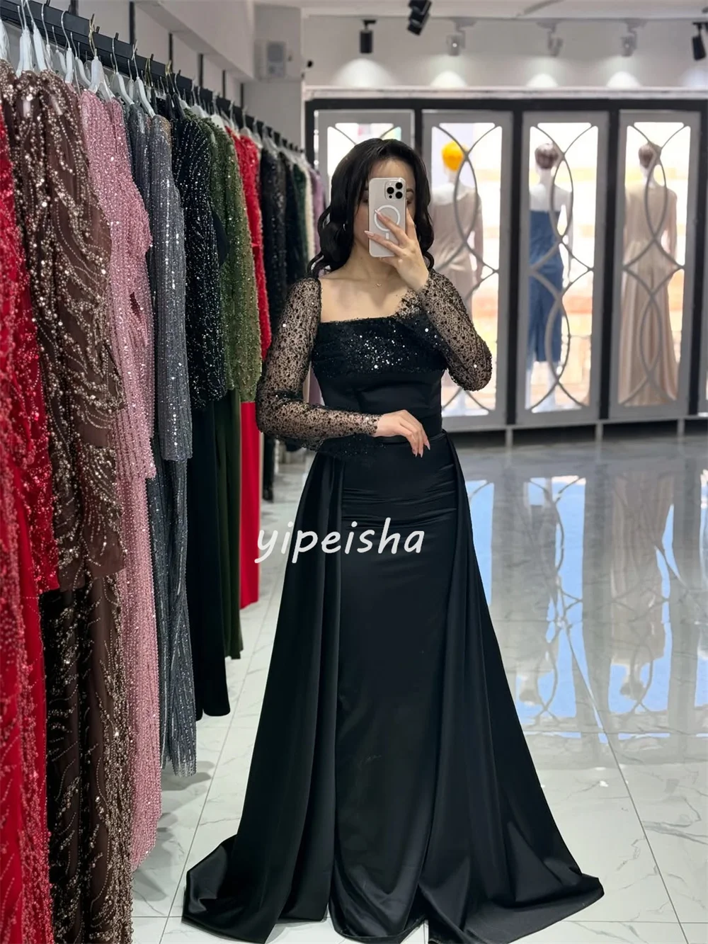 Vestidos largos personalizados, intrincados, elegantes, Charmeuse, plisados con lentejuelas, rectos, con cuello cuadrado, vestidos para ocasiones a medida, moda Formal