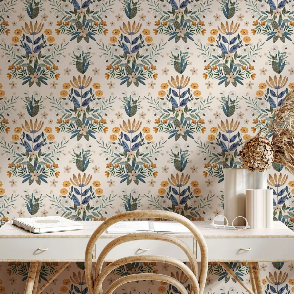 Multi-Element Flowers And Plants Self-Adhesive Wallpaper Peacock White Blue Wallpaper Removable Waterproof Moisture-Proof Mural