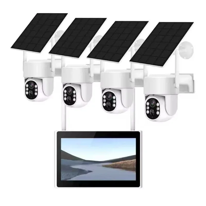 4CH Wireless NVR Kit with 4MP Solar PTZ Camera and 10 Inch LCD Monitor IP66 Waterproof Wireless Solar Camera Kit with Monitor