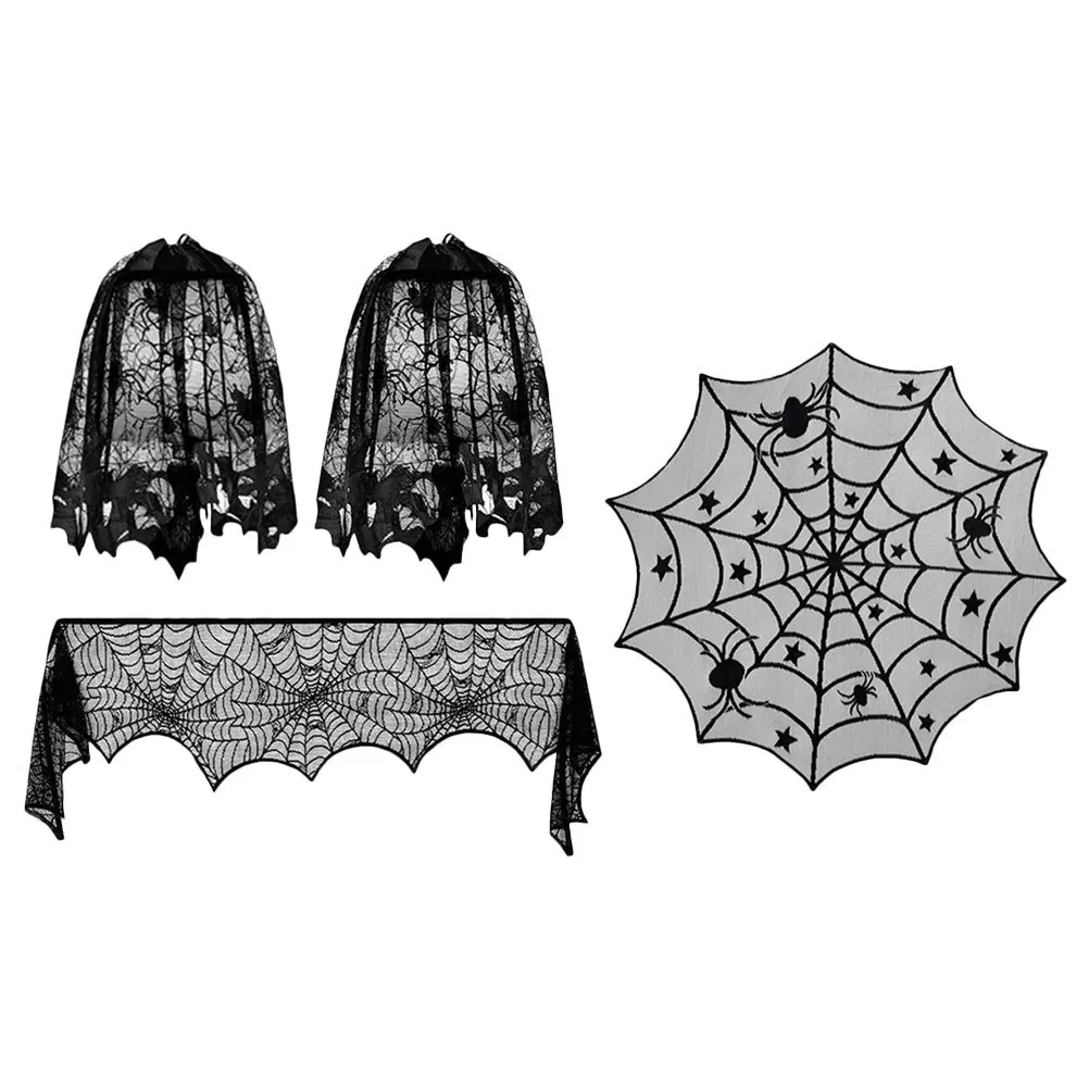 4 قطعة هالوين الدانتيل شبكة العنكبوت الموقد القماش مفرش المائدة الأسود هالوين الديكور مسكون حفلة الدانتيل شبكة العنكبوت القماش