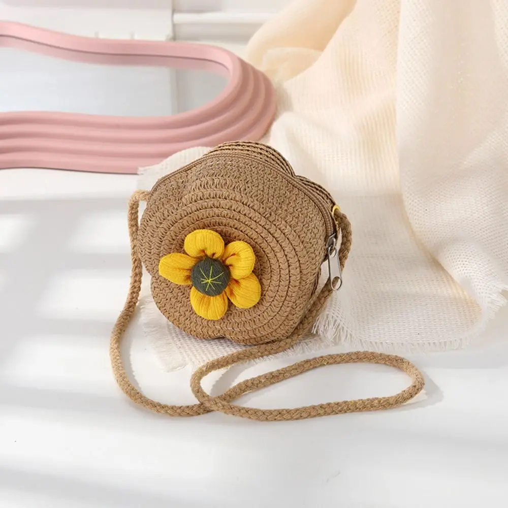 Durable Straw Straw Shoulder Bags Flower Mini Crossbody Bag Mini Coin Purse Kids Girls