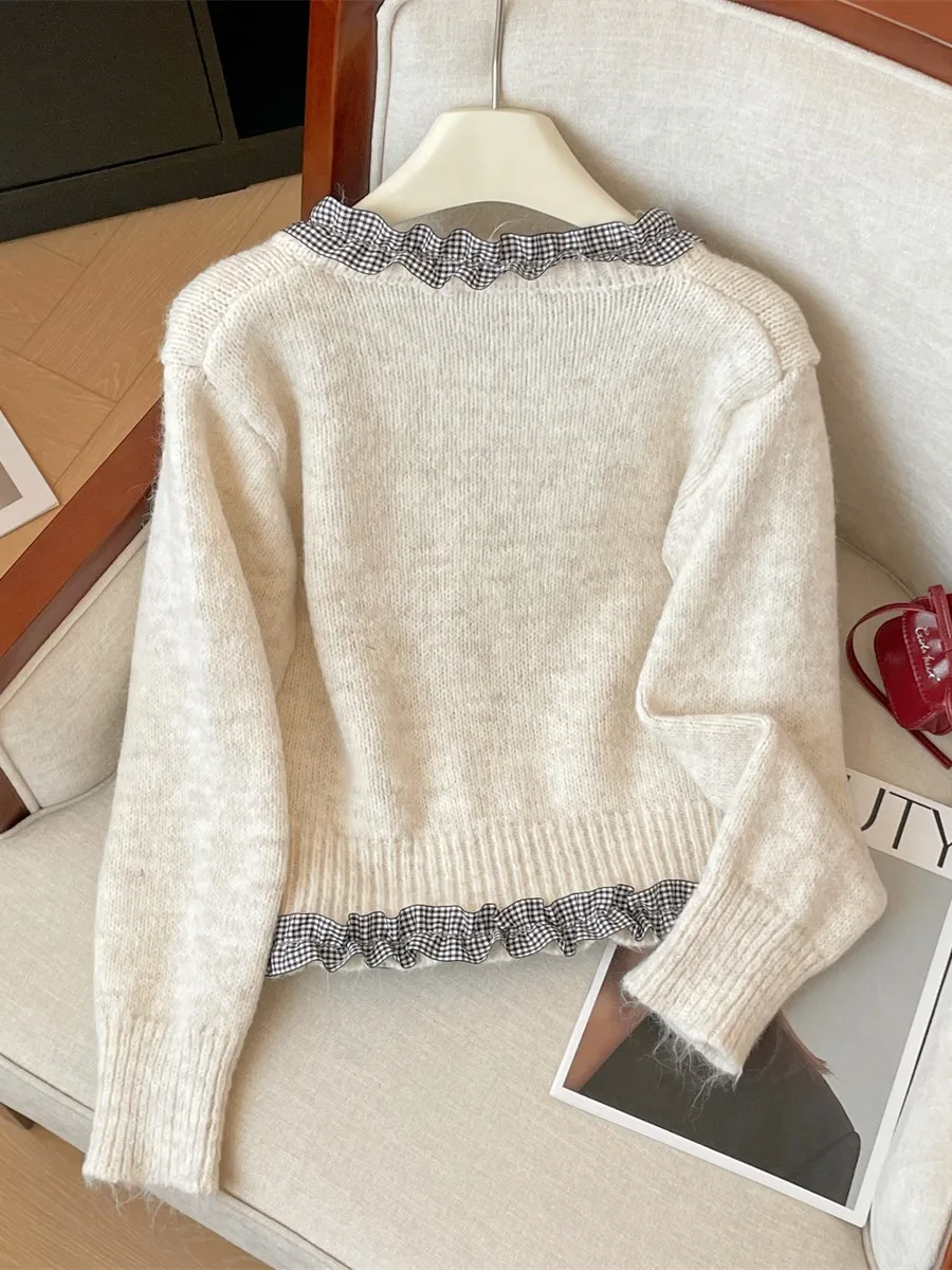 Korean Style Splicing Checkered Bow Round Neck Knitted Cardigan Women's Spring Autumn New Loose Slimming Single Breasted Sweater