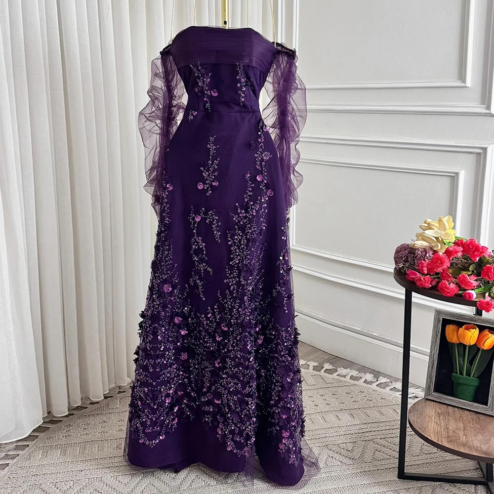 Customized A-line Evening Dresses Floor-length Off The Shoulder Full Sleeve Prom Gown Fashion Flowers Sequined Draped Party Gown
