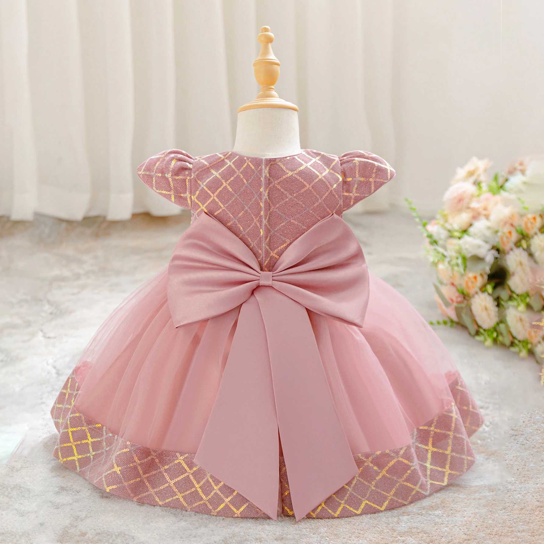 

Элегантное клетчатое платье для крещения для маленьких девочек, платье принцессы на первый день рождения, свадьбу, детское платье с бантом и блестками, костюм подружки невесты для выпускного вечера