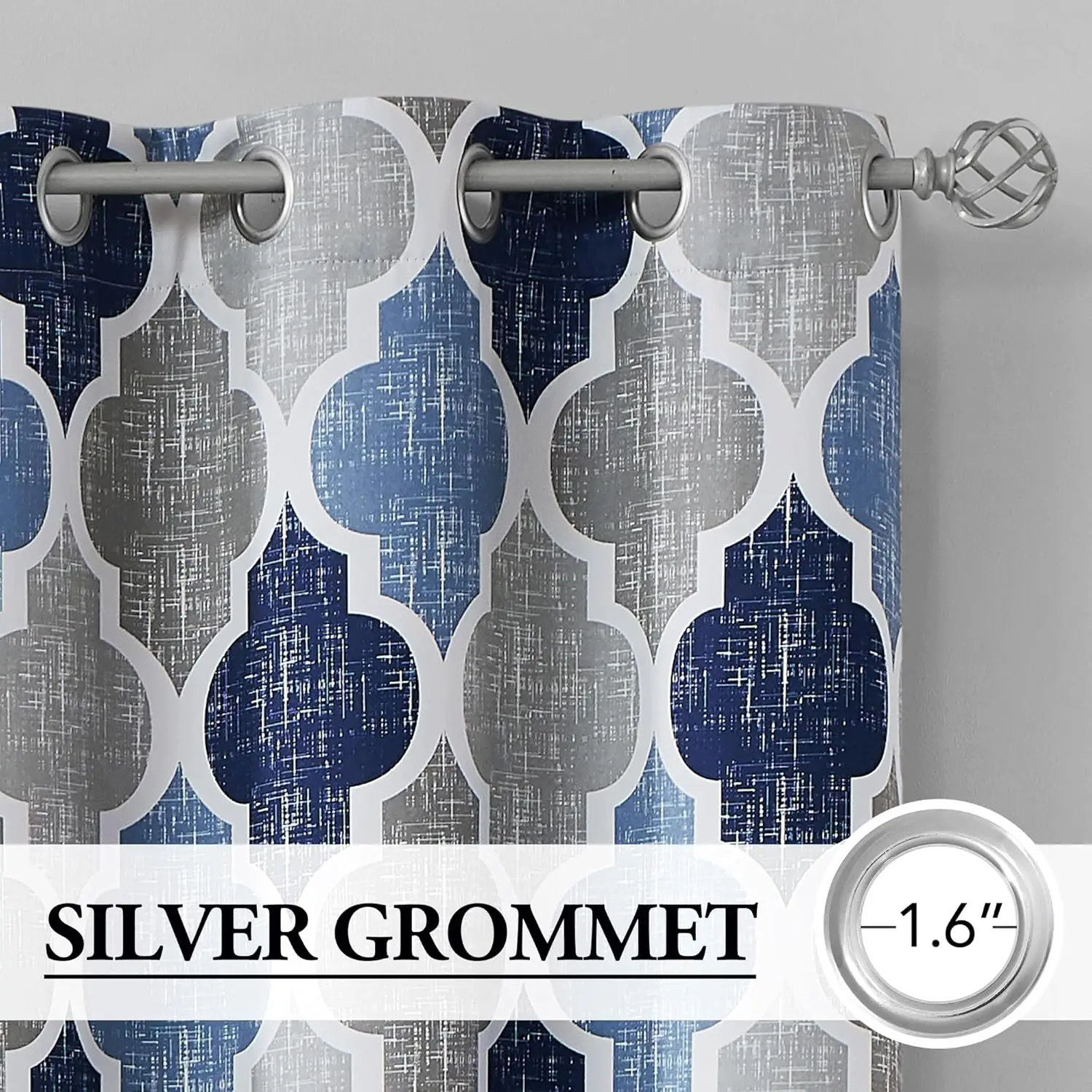 Blue Grey Geometric Curtains Moroccan Lattice Print for Living Room Bedroom Window Home Decor