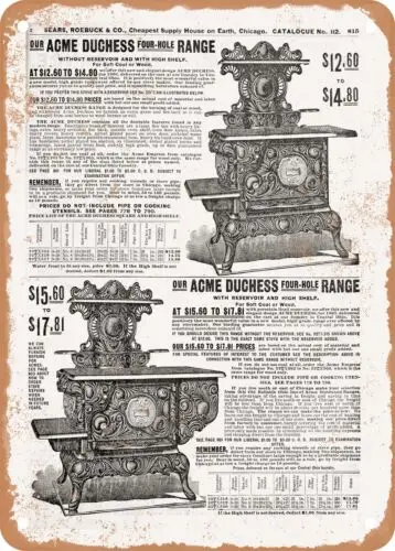 METAL SIGN - 1902 Sears Catalog Cooking Ranges Page 801 - Vintage Rusty Look sign