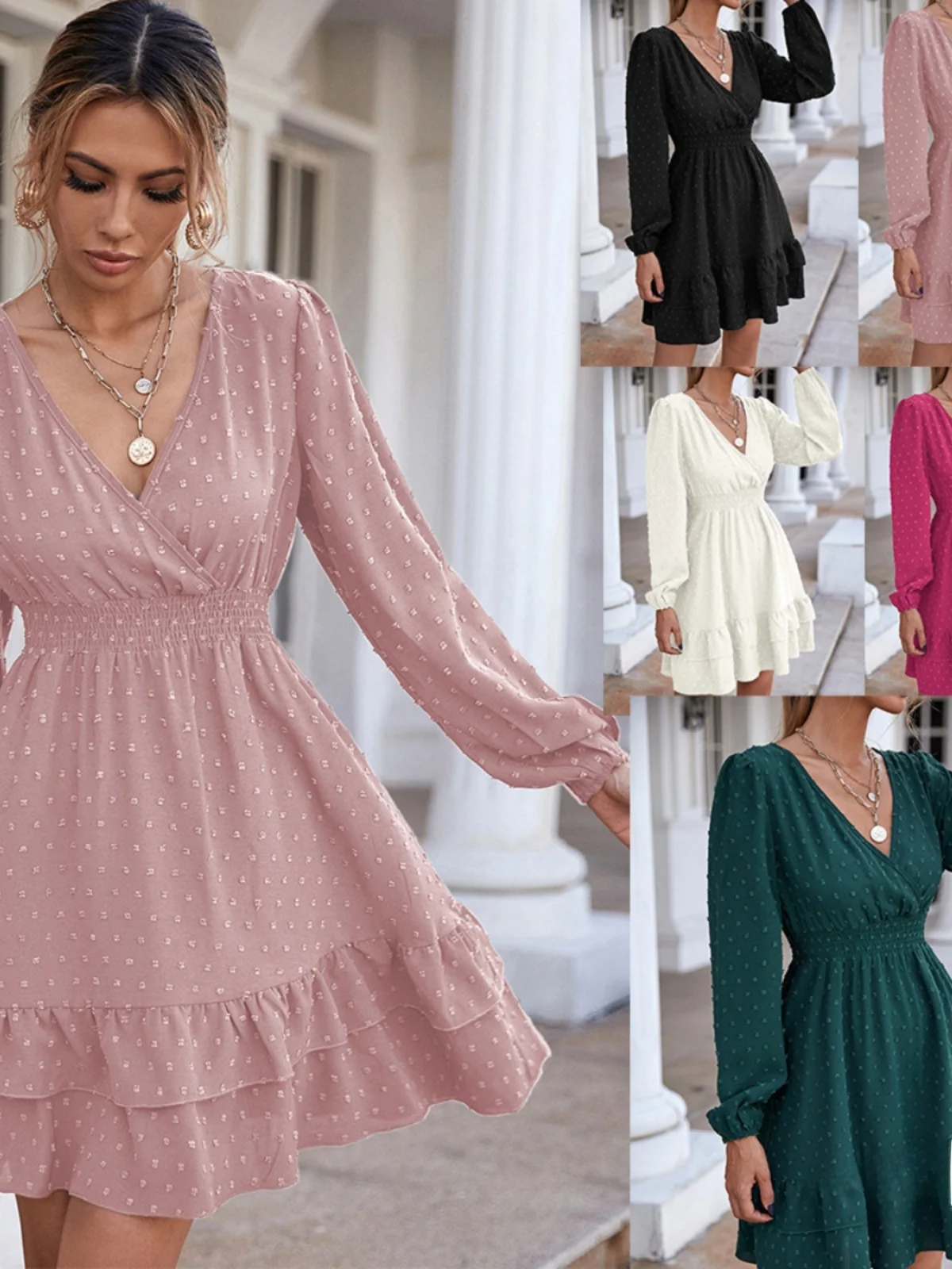 

V-Necked Slim Dress with Ruffled Edges High Waist A-Line Skirt Long Sleeve Polyester Fabric Spring Summer Autumn Women's Dress
