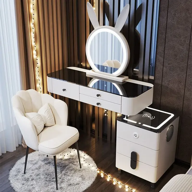 Table de maquillage multifonctionnelle moderne avec chargement sans fil intelligent, miroir LED nuage sonore, table de chambre à coucher de luxe