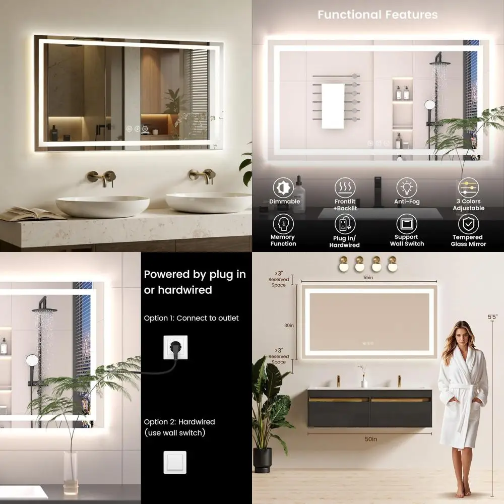 

LED-Illuminated 55x30 Bathroom Mirror with Anti-Fog, Backlit and Front Lit, Dimmable Tempered Glass Vanity Mirror