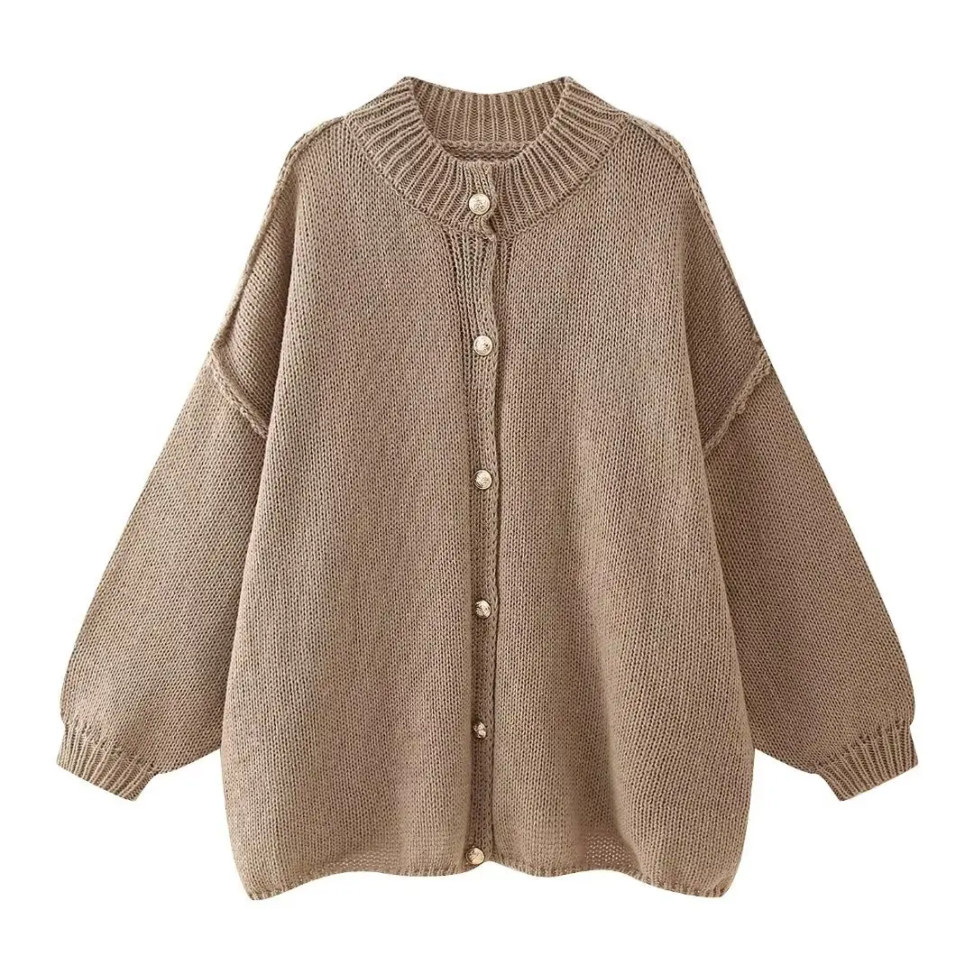 Pull à manches longues avec col rond pour femme, vêtements monochromes avec boutons, pull en Y à la mode, automne et hiver