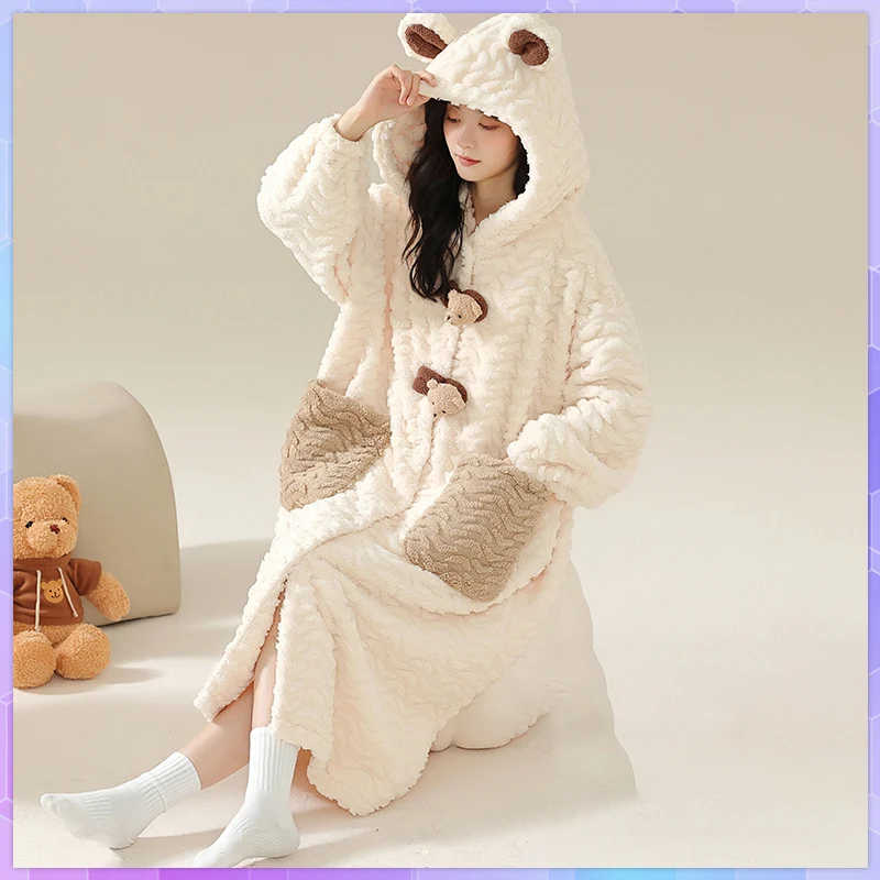 1PC Winter Warm Cute Shower Robe Women's Bathrobe Coral Fleece Sleepwear Female Long Kimono Nightgowns Nightdress Dressing Gowns