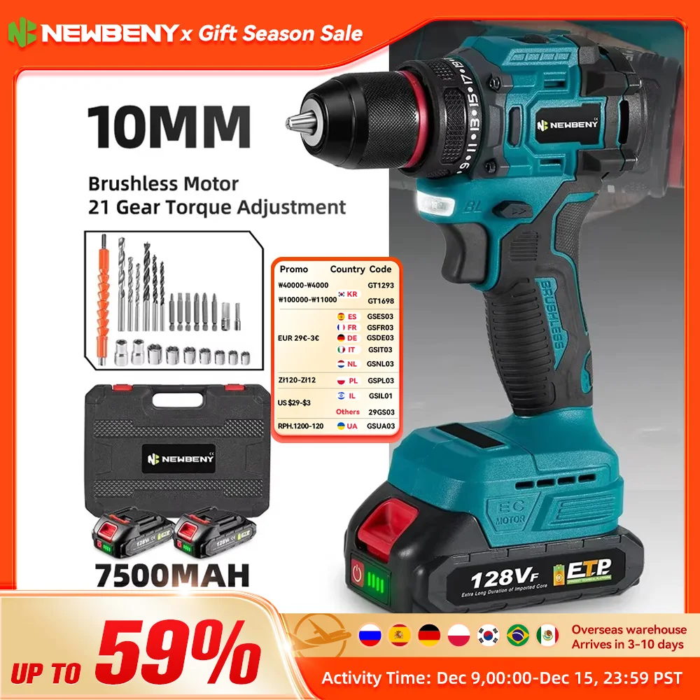 NEWBENY 10mm Brushless Electric Drill 21+2 Torque Multifunctional Cordless Electric Screwdriver For Makita 18V-21V Battery