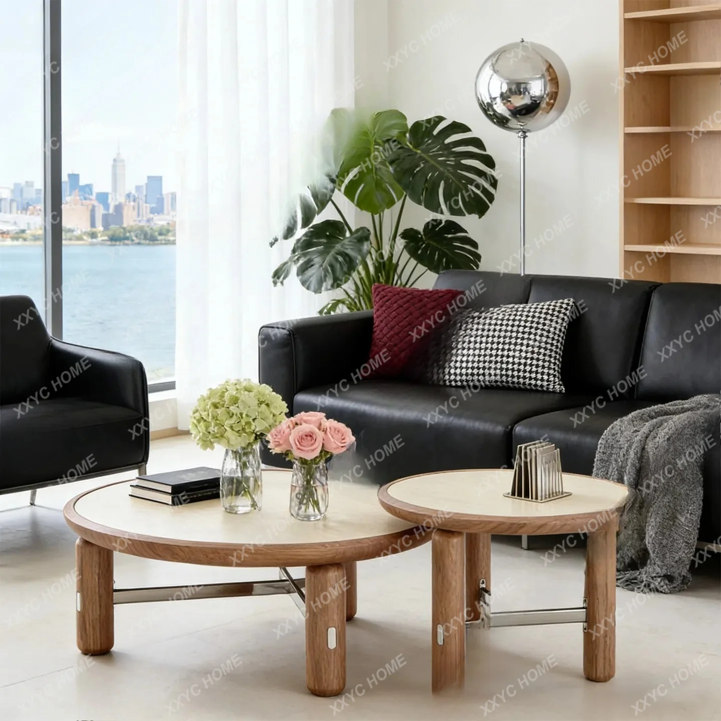 Minimalist rock slab coffee table side table combination modern light luxury living room round walnut size round coffee table