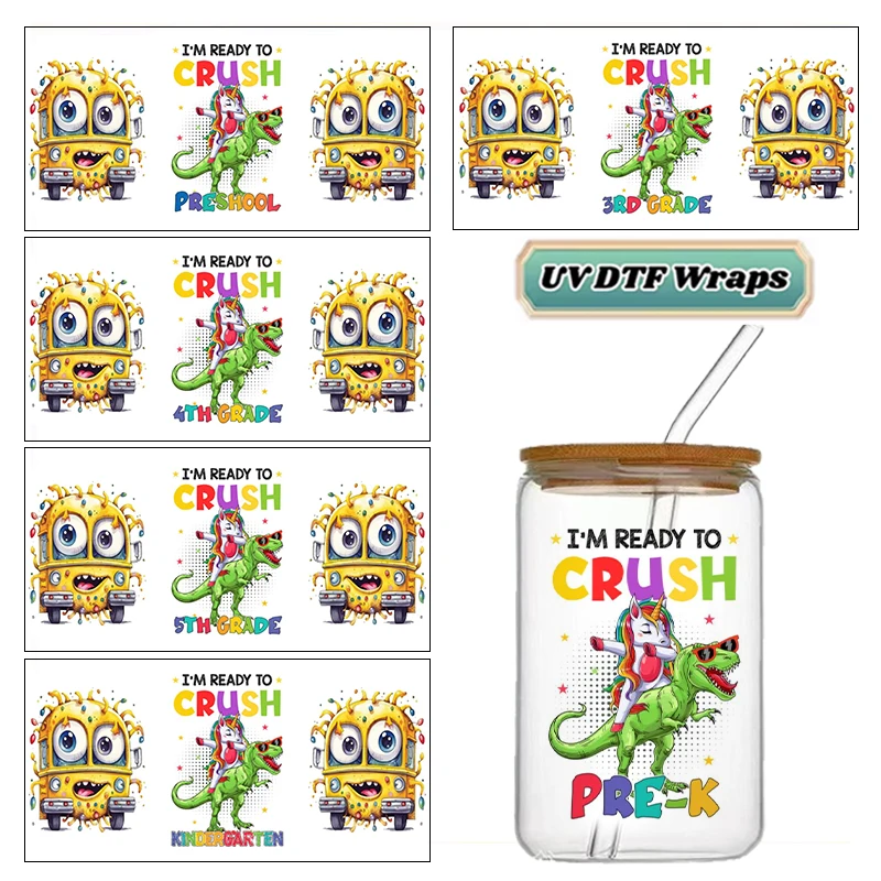 Back to School Cartoon Bus Dinosaur UV DTF Cup Wraps Transfer Sticker For 16OZ Glass Libbey Can Bottle Washable DIY sticker