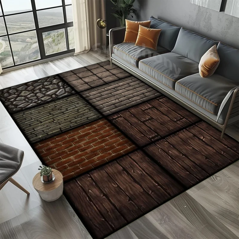 Art Industrial Multi-Material Patchwork Rug Wood Brick &Stone Design NonSlip Easy Clean Living Room Entryway Home Decor Flormat