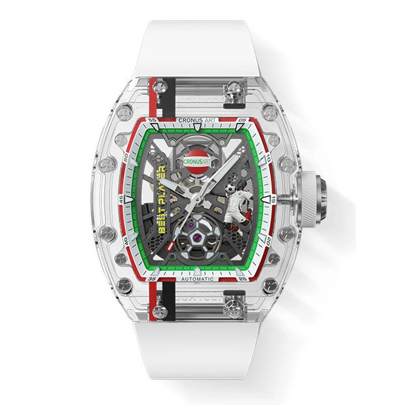 

CRONUSART Men Automatic Watch Tonneau Mechanical Wristwatch K9 Acrylic Case Skeleton Football Luminous Dial Fluororubber Strap