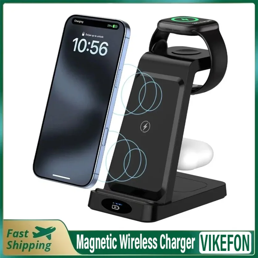 

Подставка для беспроводного зарядного устройства 30 Вт 3 в 1 для iPhone 17 16 15 14 13 12 Apple Watch 6 7 8 iWatch Airpods Pro Станция быстрой зарядки