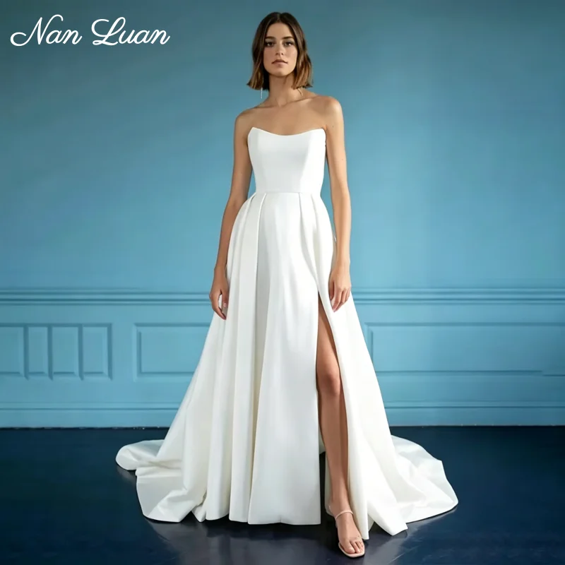 Bright Indoor Modern Wedding Dress Structured Matte Satin Strapless High Slit A Line Bridal Gown Vestidos de Novia Customized