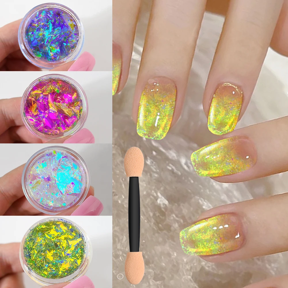 1Jar Green Blue Iridescent Color Shift Brocade Glitter Aurora Chameleon Opal Flakes Nail Powder DIY Nail Art Resin Crafts Decor