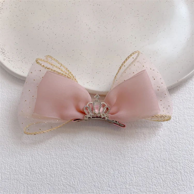 Hair Clip Pair Pink Mesh Fabric Raised Bow Small Side Clip Hair Tie Girls Kids School Travel Lightweight Sturdy Strong Grip