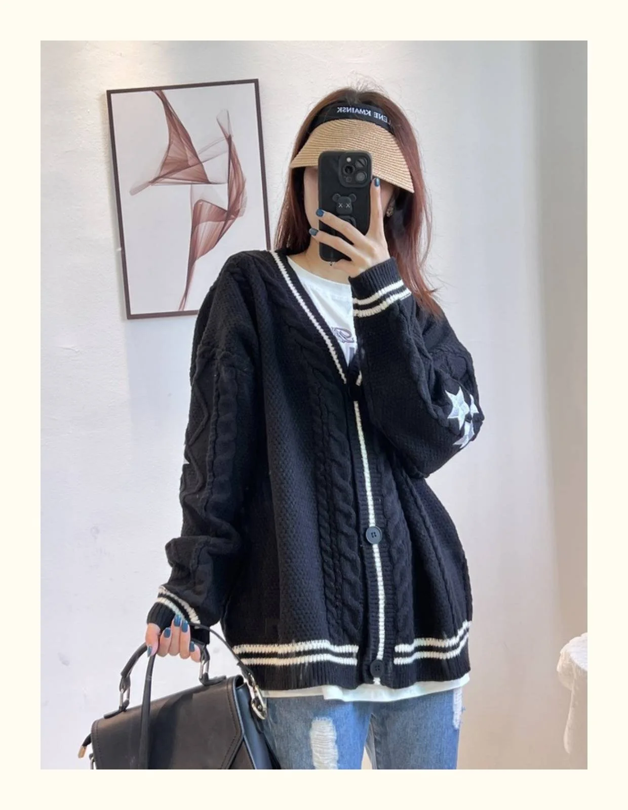 Autumn Winter Fashionable Cardigan Sweater Retro Star Print Cute Buttoned V-neck White Long-sleeved Loose Jacket Y2K Sweater