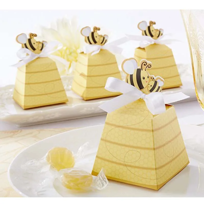 Cardboard Favors Box with a ribbon Cardpaper Candy Box for baby shower wedding party - yellow 100/lot free shipping