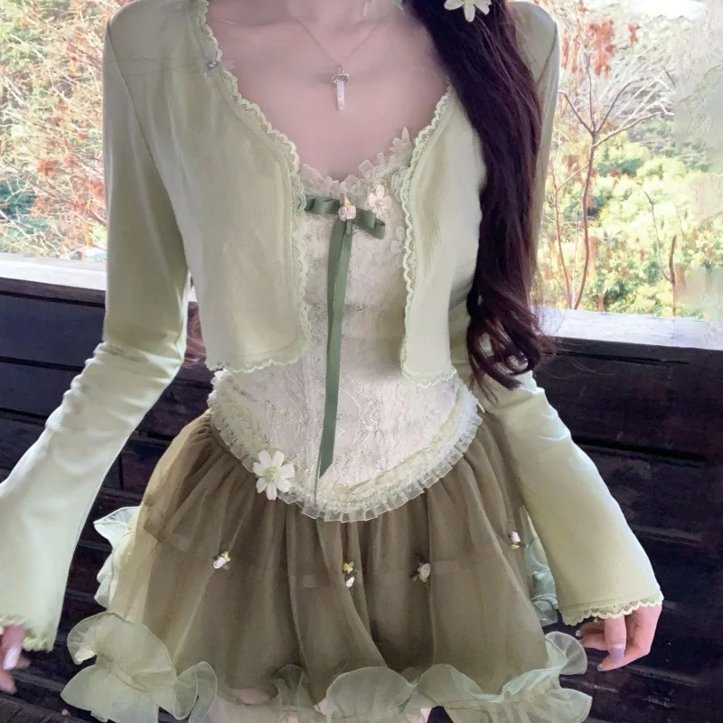 

Elegant Long Sleeve Sun Protection Cardigan Coat+ Sexy Slim Fit Camisole Vest+ High Waist Mesh Skirts Three Piece Sets