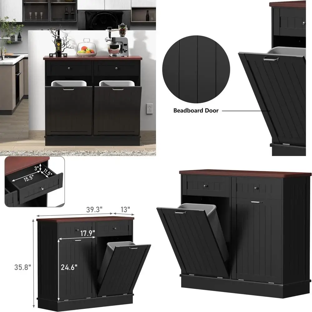 

10 Gallon Wooden Freestanding Laundry Sorter with Tilt-Out Trash Bin & Recycling Cabinet and Hidden Drawer