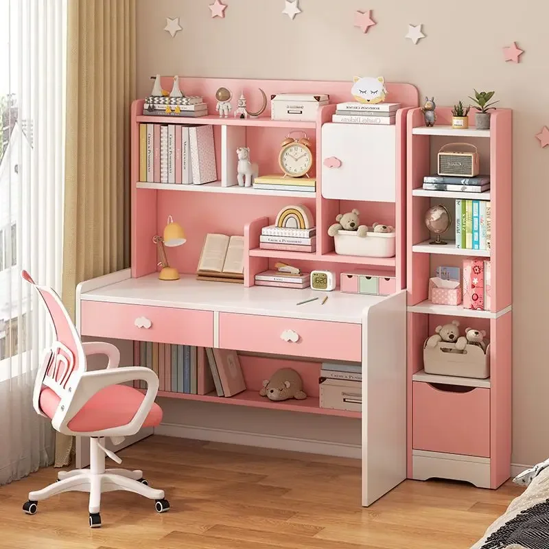 Student study table Children's desk Bookshelf Combination Integrated table and chair set Simple bedroom Household children's wri