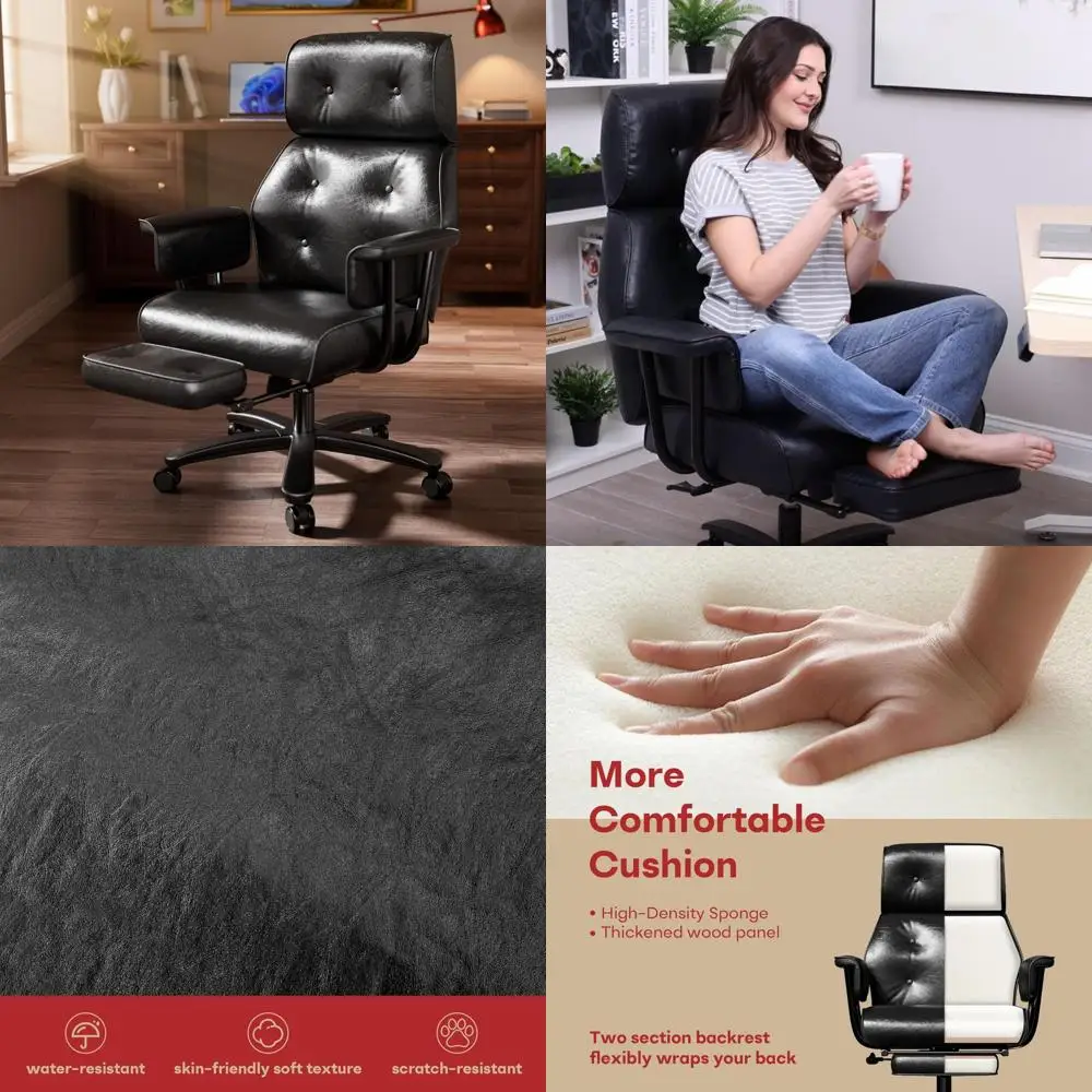 ergonomic high-back leather office chair with footrest for big and tall users, supporting up to 400lbs and featuring a wide seat