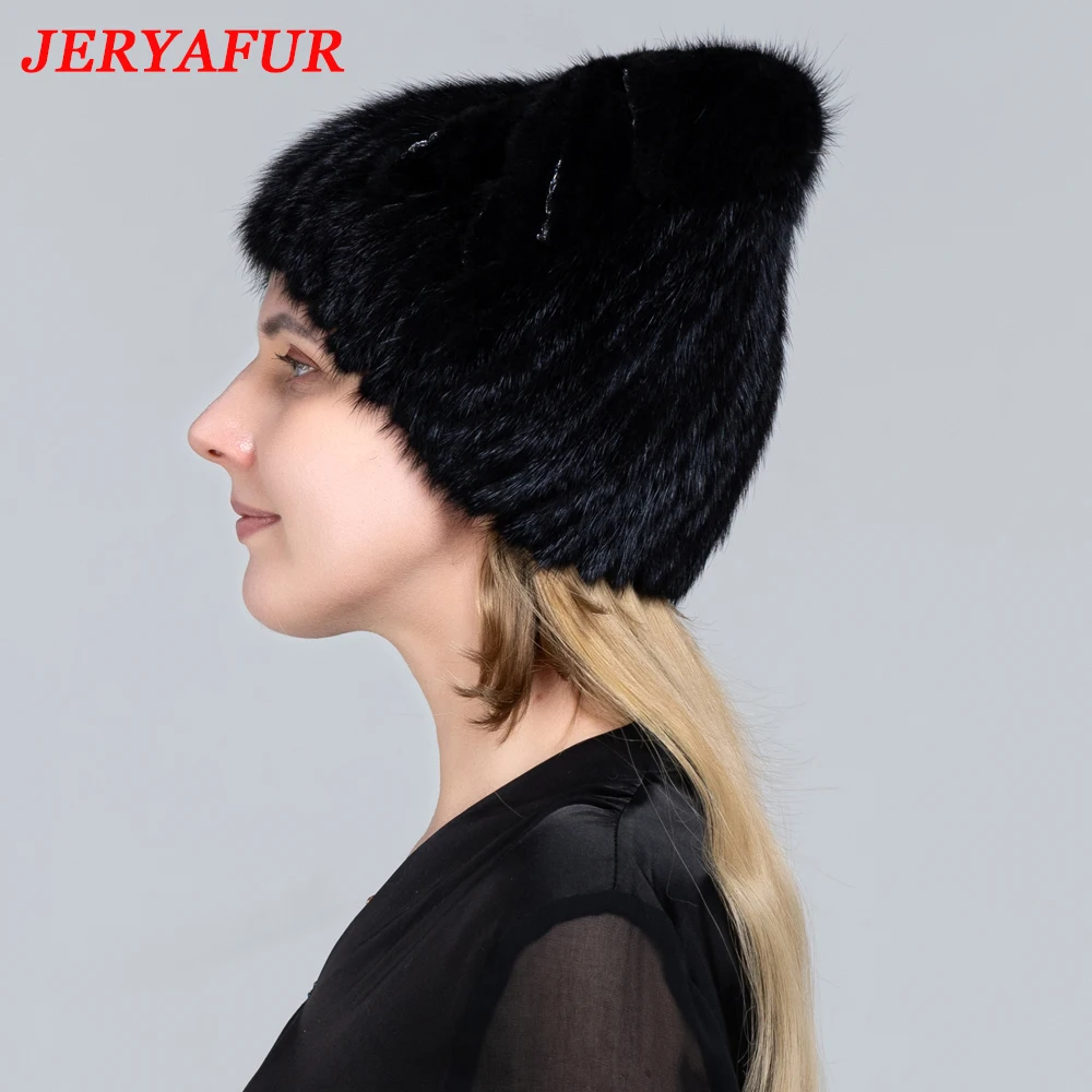 JERYAFUR Winter Women\'s Hat Real Natural Mink Fur Hats New Fashion Fur Caps Female Thick Warm Russian Beanies Caps