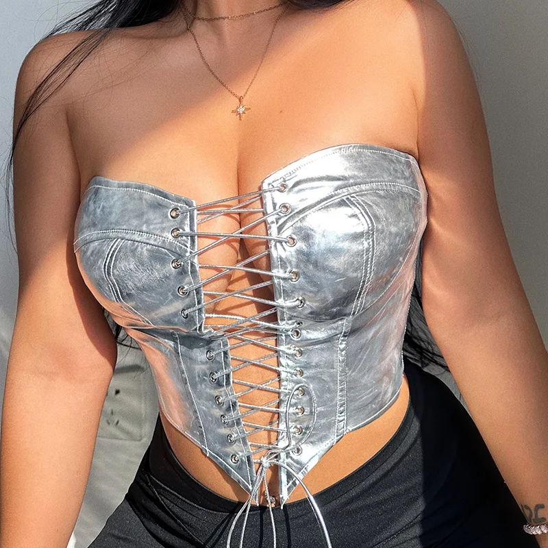 Y2K Sexy Lady Shiny Gold Silver Corsets Bustiers Women PU Leather Crown Girdle Slimming Waist Low-cut Corset Tops Curve Shaper