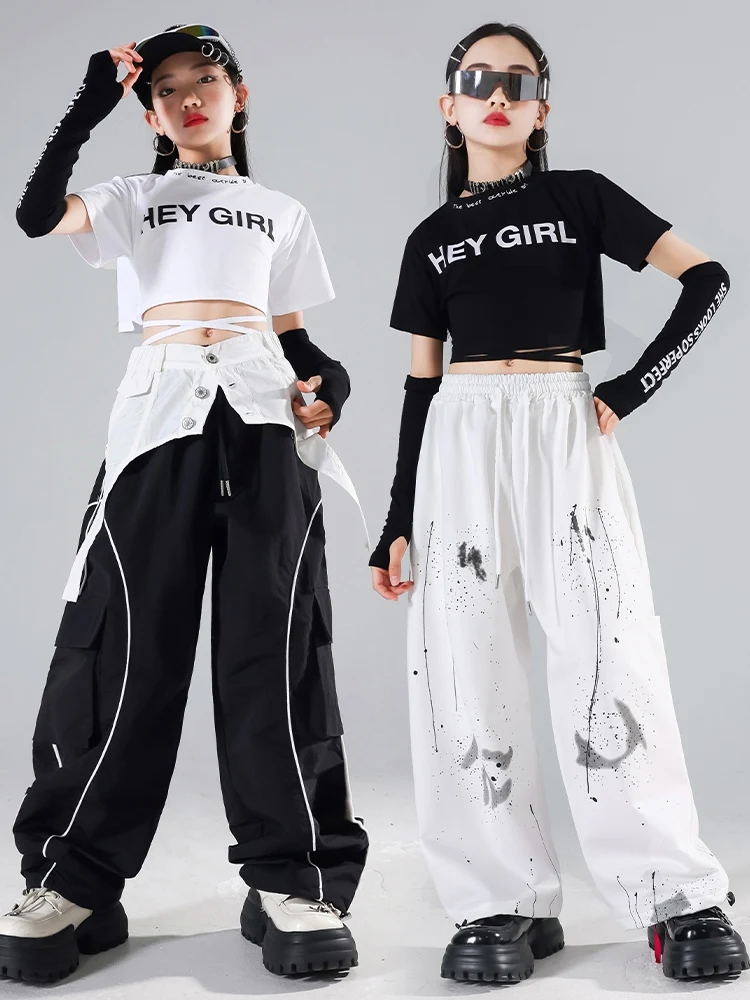 2024 Children Clothing Jazz Dance Costumes For Girls Crop Tops Loose Pants Street Dance Wear Hip Hop Dance Rave Clothes DQS16658