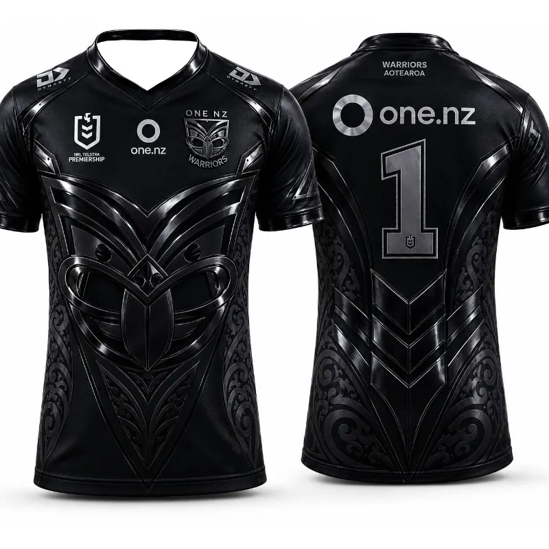 Family Matching Warriors Maori Tribal Metallic Print Rugby Jersey Oversized Solid Black Full Koru Pattern Number 1 Mesh Tee
